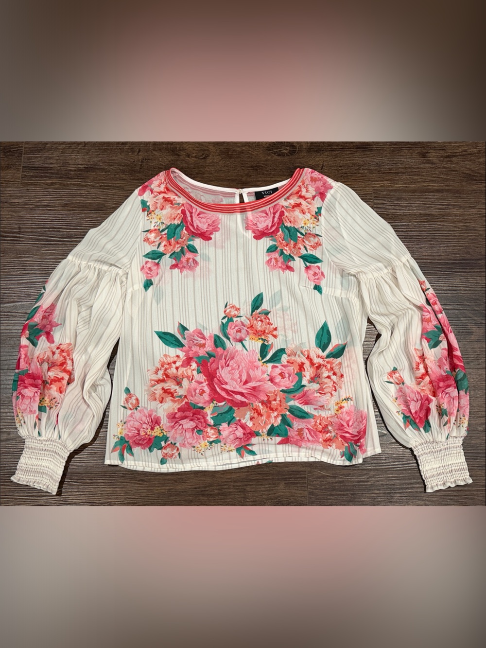 Vici Cream Blouse with Pink Floral Print and Green Leaves